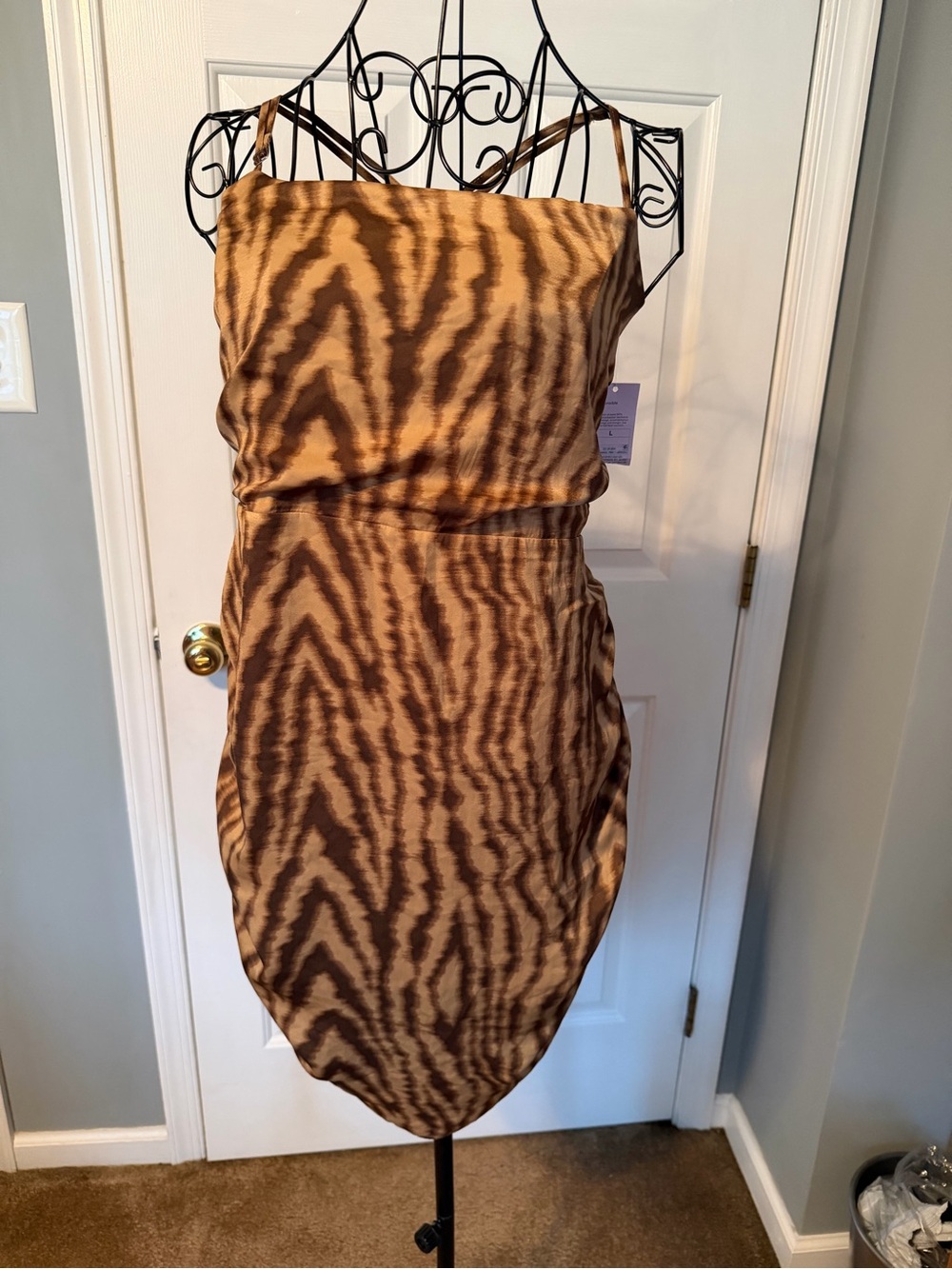 Sleeveless Brown Zebra-Print Satin Dress